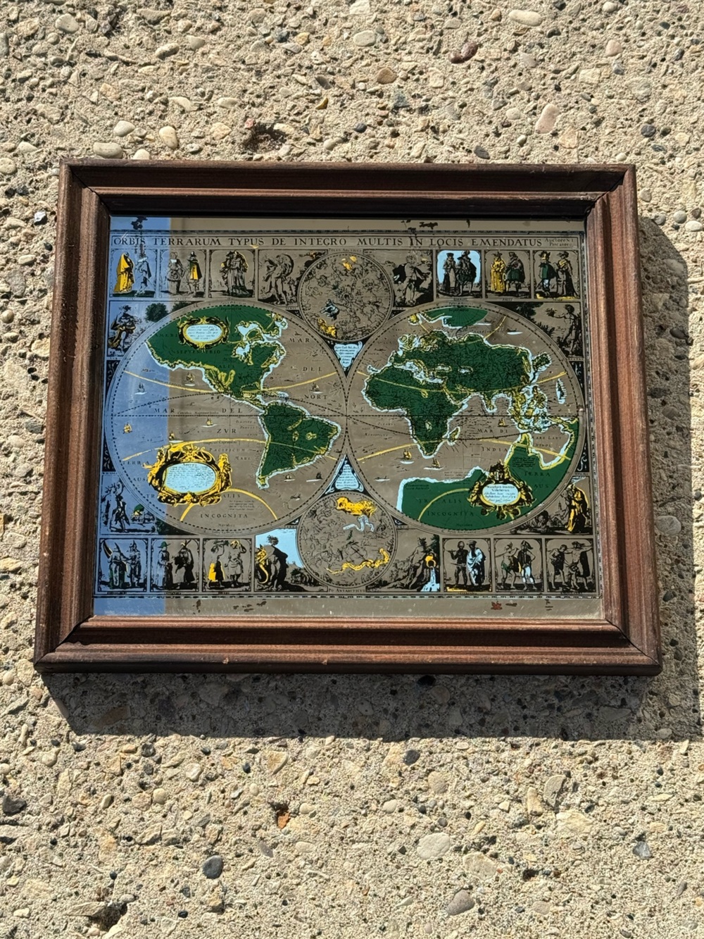 English Pub Mirror Vintage Wood Framed Petrus Plancius 1594 Map MCM Wall Decor